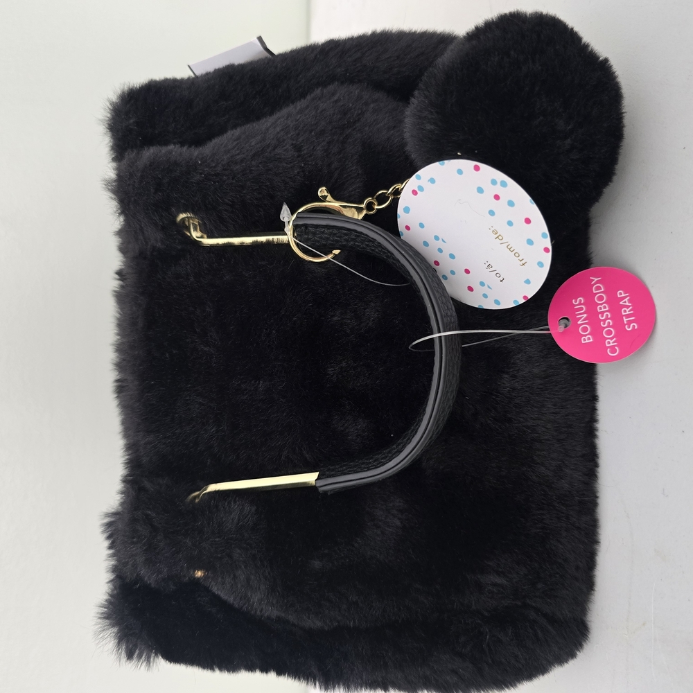 Isaac MIZHARI Luxurious Black Faux Fur Handbag with Gold Details NWT